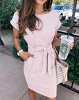 Short Sleeve Waist Striped Dress -D153