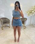 Crop denim skirt suit-D125
