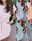 Short Sleeve Waist Striped Dress -D153