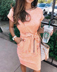 Short Sleeve Waist Striped Dress -D153