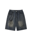 Gothic spider print denim shorts-D43