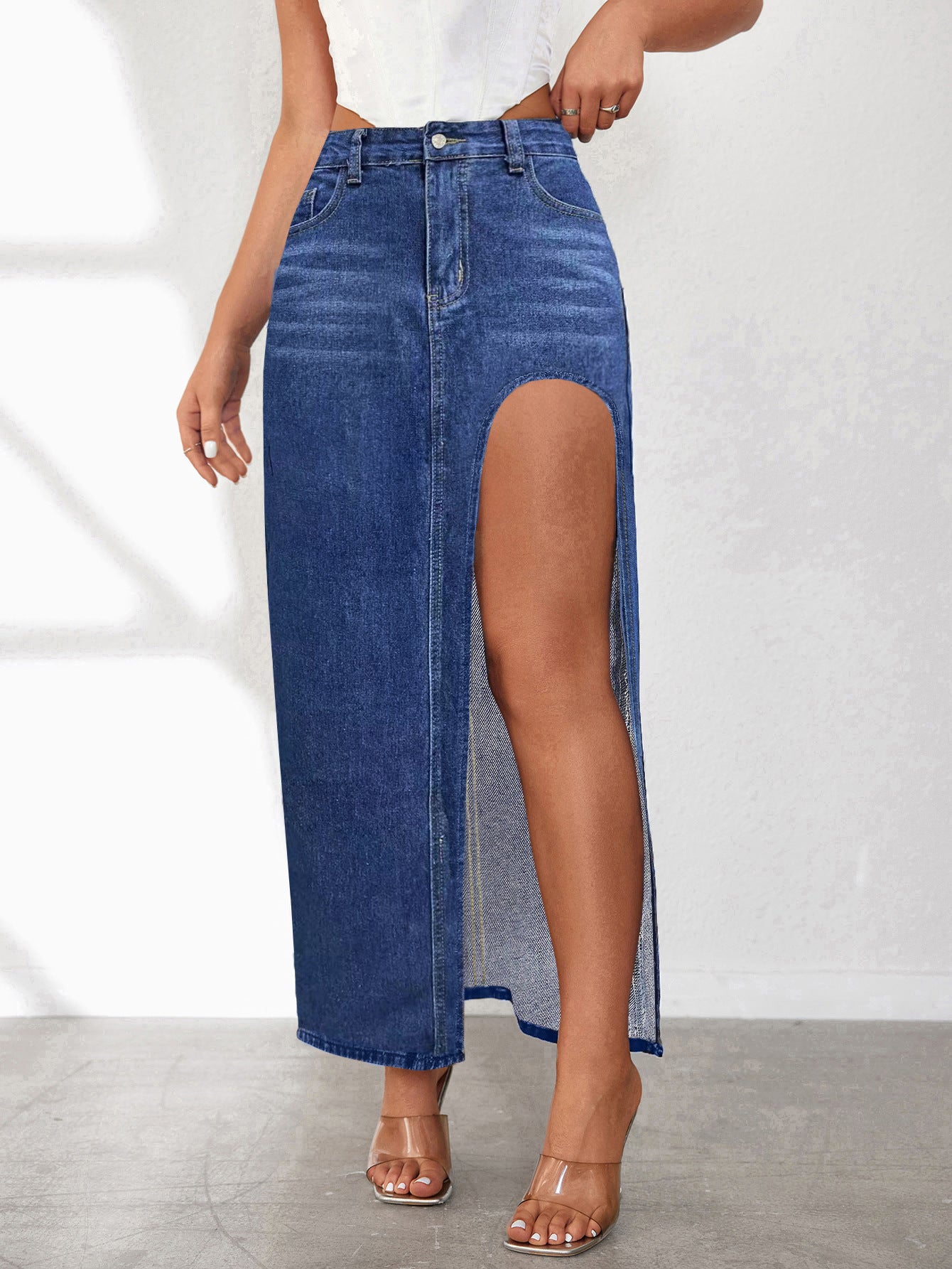 High slit denim skirt-D814