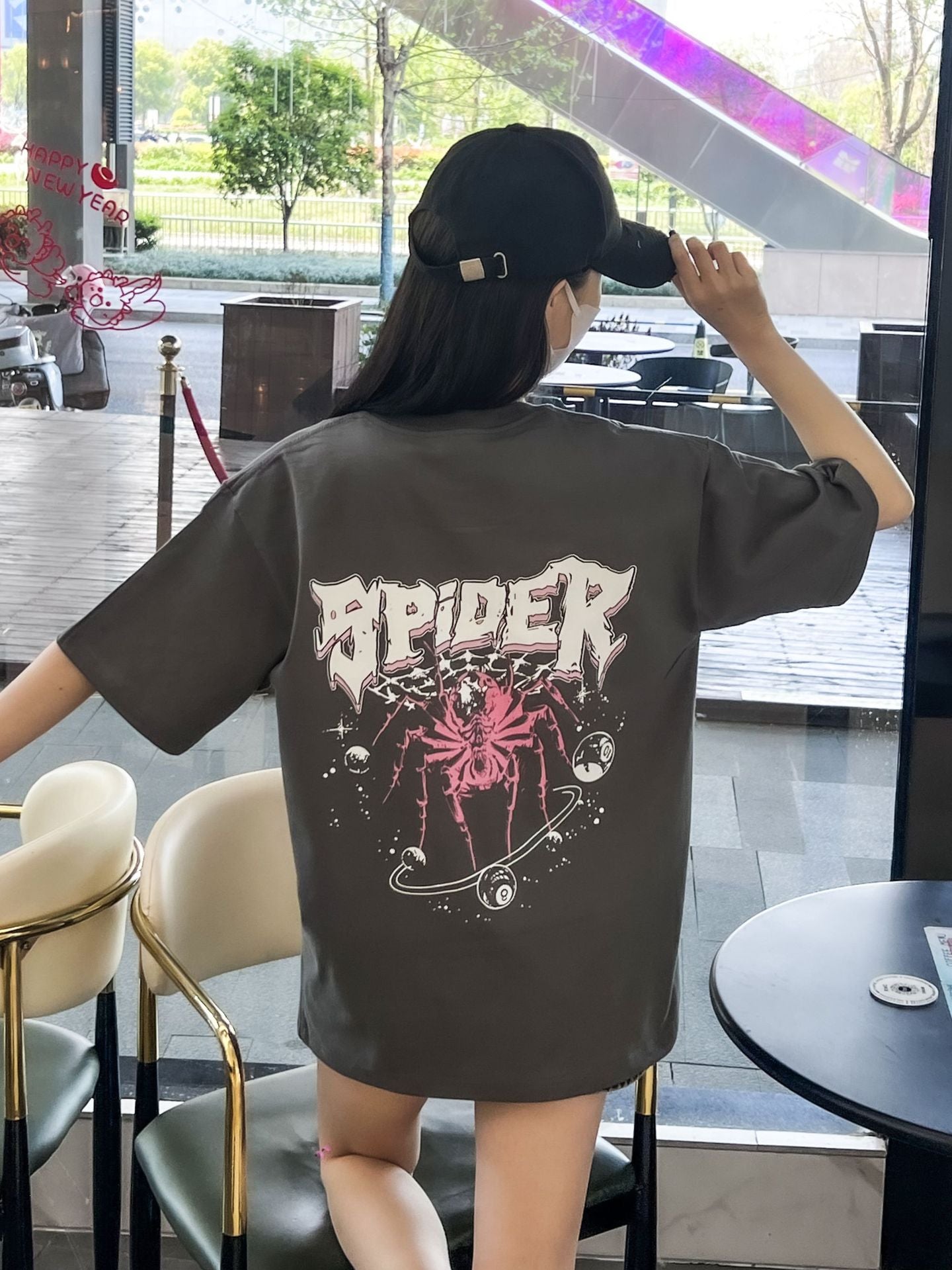 Black spider web print TEE-D385