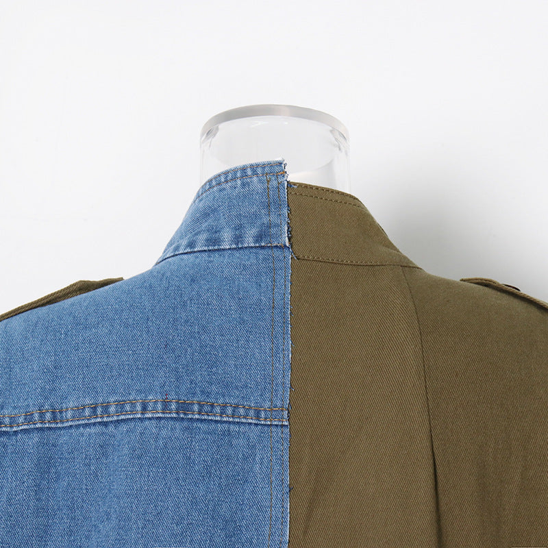 Color contrast patchwork denim jacket-D357