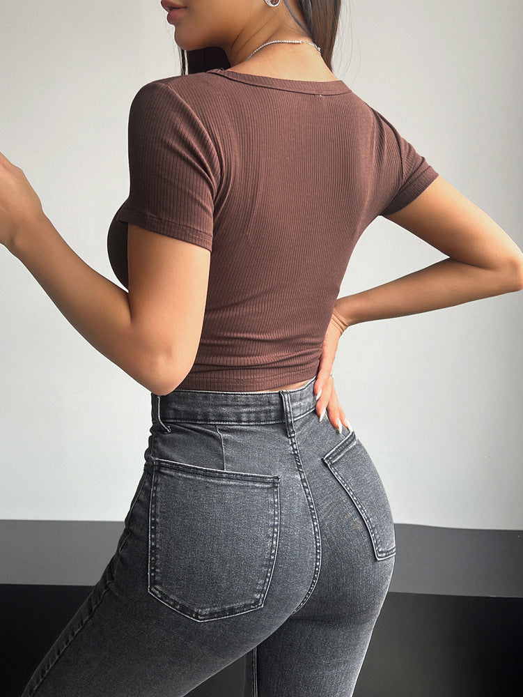 Solid square-neck crop top TEE-D448