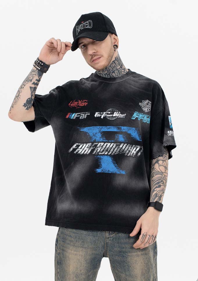 Distressed racing T-shirt-D524