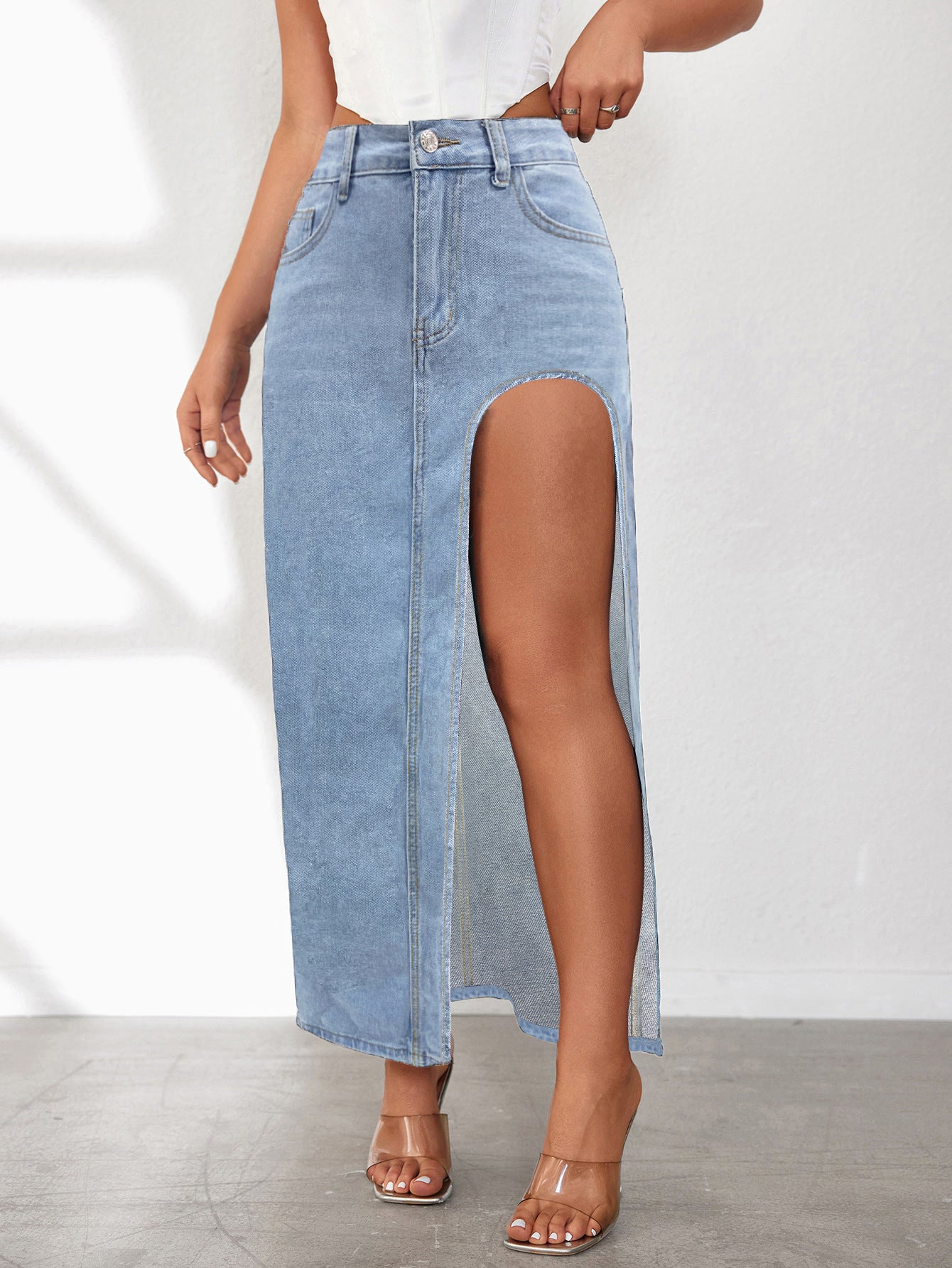 High slit denim skirt-D814